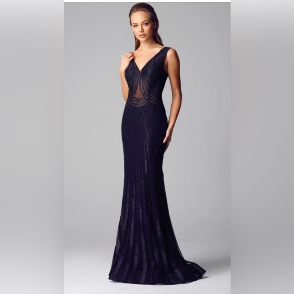 Alberto Makali Black Mesh, Ribbon and Crystal Studded Gown